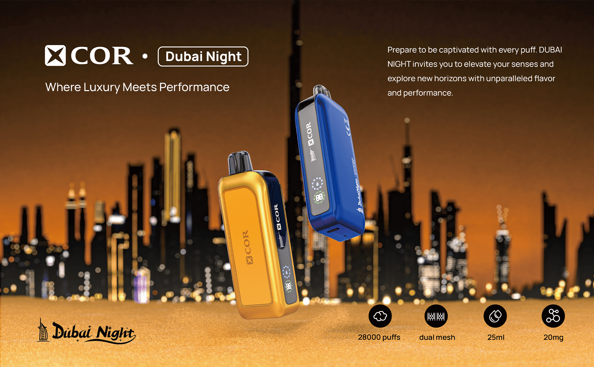 XCOR Dubai Night 28000, luksusowy e-papieros Dubaj, szejk vape, premium vape - Jednorazówki E-papierosy Xcor Dubai Night 28 000 moc 20mg