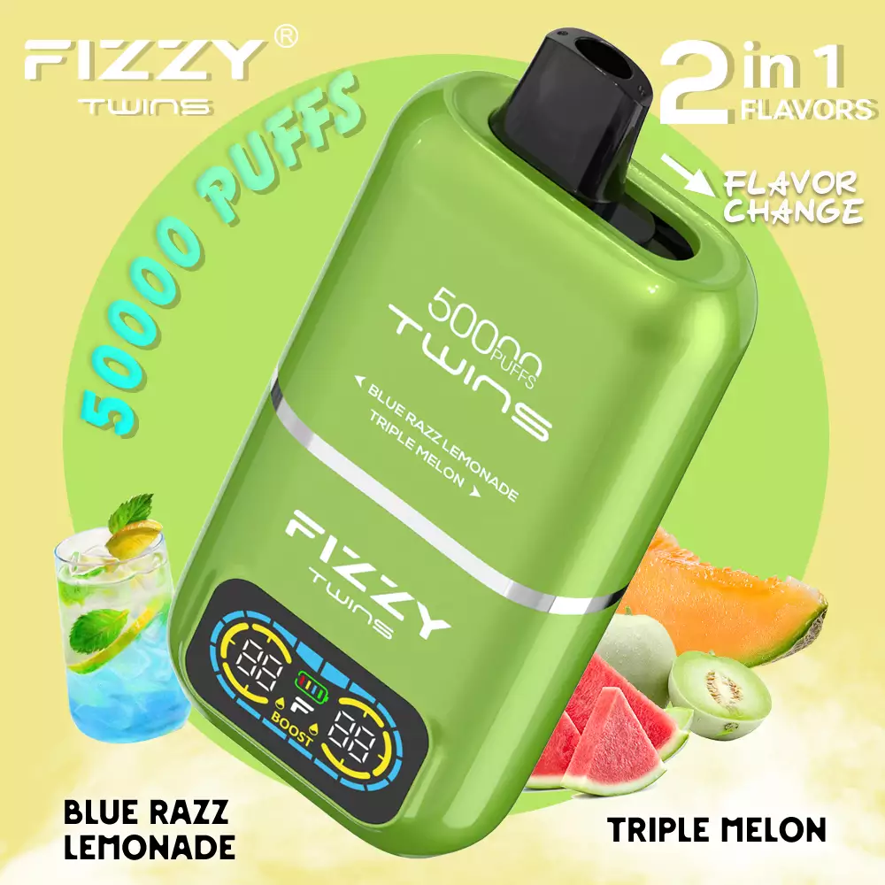 Fizzy Twins Dwusmakowe 50000 Puffs, dual system vape, e-papieros z dwoma smakami, wolumen liquidu vape, podwójny atomizer - Fizzy Twins 50000 Puffs Double Flavor Dual Tank 50K Disposable ...