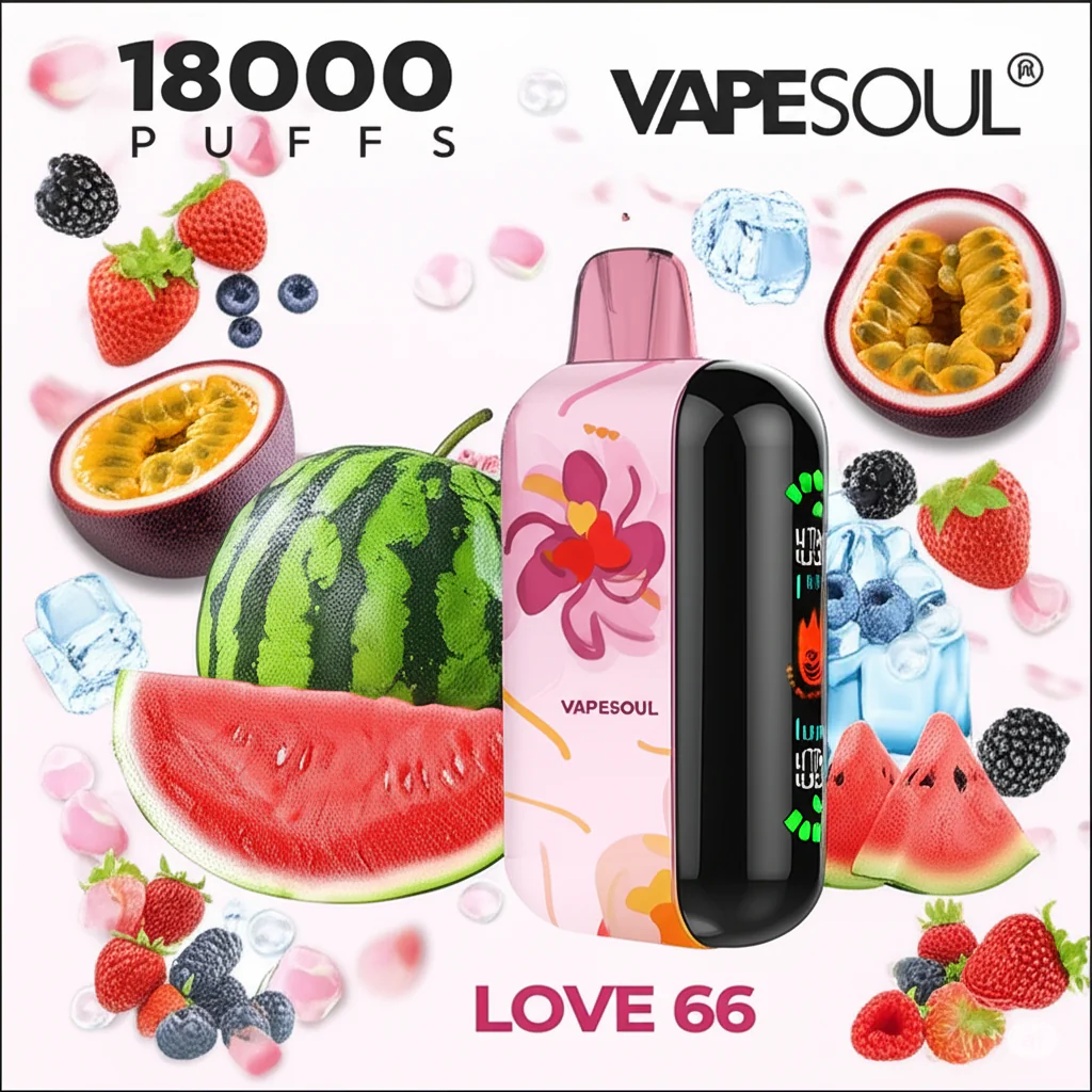 Love 66 smak vape, melon marakuja mięta, tropikalne owoce e-papieros, drink na plaży vape, letnie smaki vape - Vapesoul 18K Love 66 – 18,000 Puffs Disposable Vape - Distrosnus