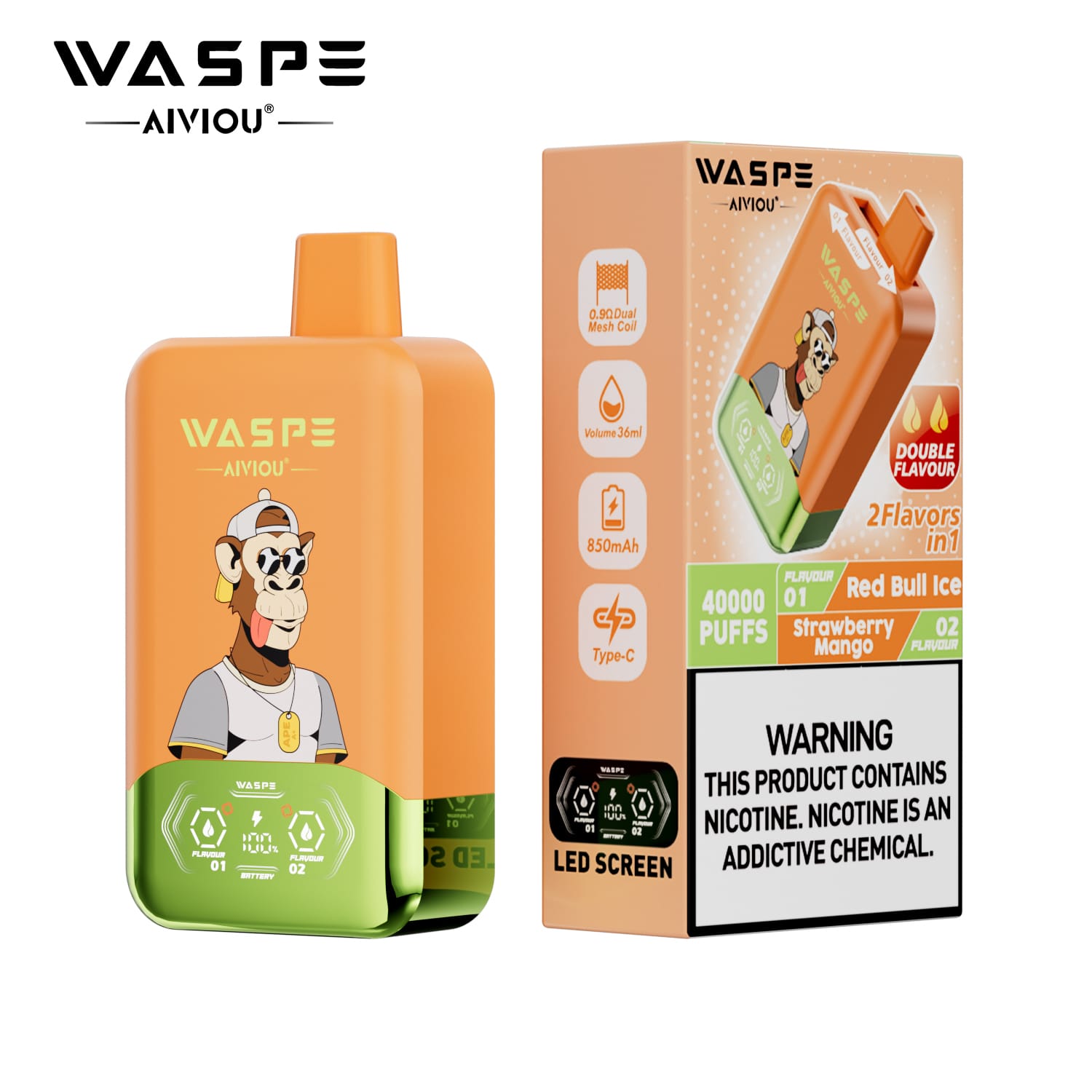 dual flavor vape, dwusmakowy e-papieros, przełącznik smaków vape, różnorodność smaków e-papierosa - WASPE 40K Twins 40000 Puffs | 36 ml, podwójna siatka, nikotyna 0 ...