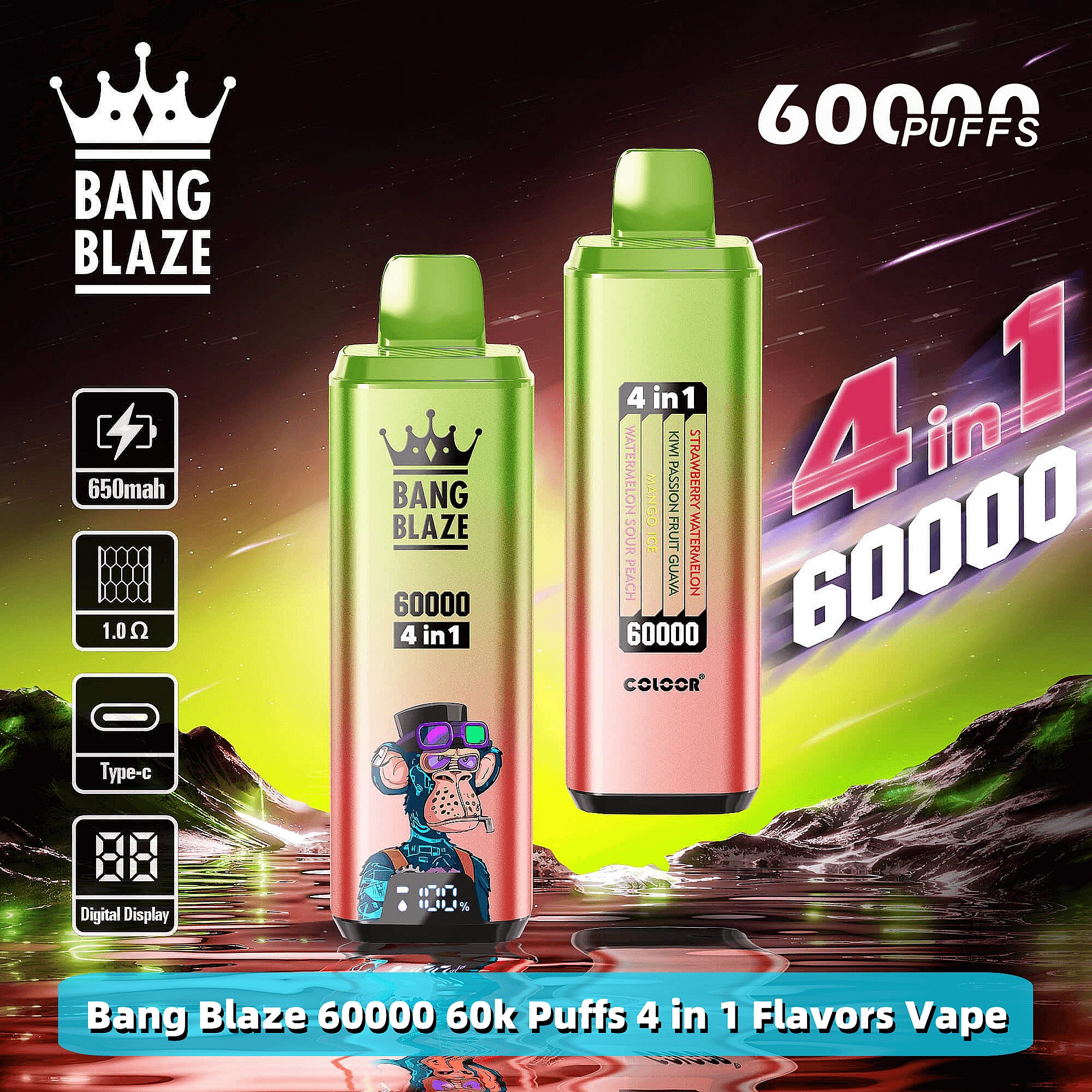 Bang Blaze smart screen, e-papieros z ekranem LCD, wyświetlacz vape, poziom baterii i liquidu vape - Bang Blaze 60000 60 tys. jednorazowych waporyzatorów 4 w 1, smaki ...