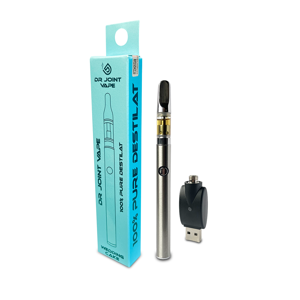 szczęśliwy vaper, osoba używająca e-papierosa dwusmakowego, radość z wapowania, różnorodne smaki vape, dynamiczne wapowanie - Waporyzator Vape Pen CBD Weeding Cake – produkty CBD | Dr Joint