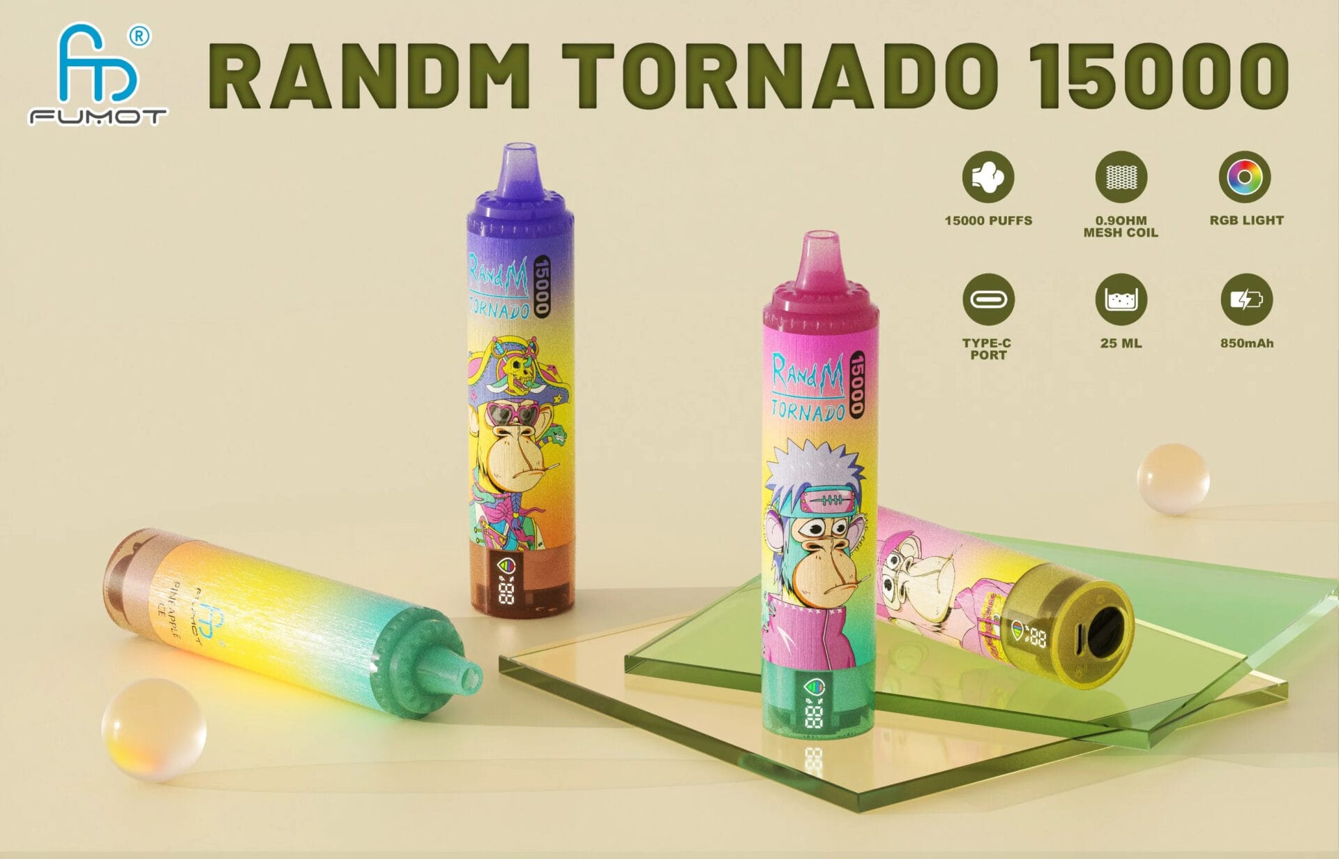 Fumot RandM Tornado 15000 zdjęcie, klasyczny e-papieros Tornado, vape z diodami LED - RandM Tornado 15000 Puffs Jednorazowy Vape z wyświetlaczem LED do ...