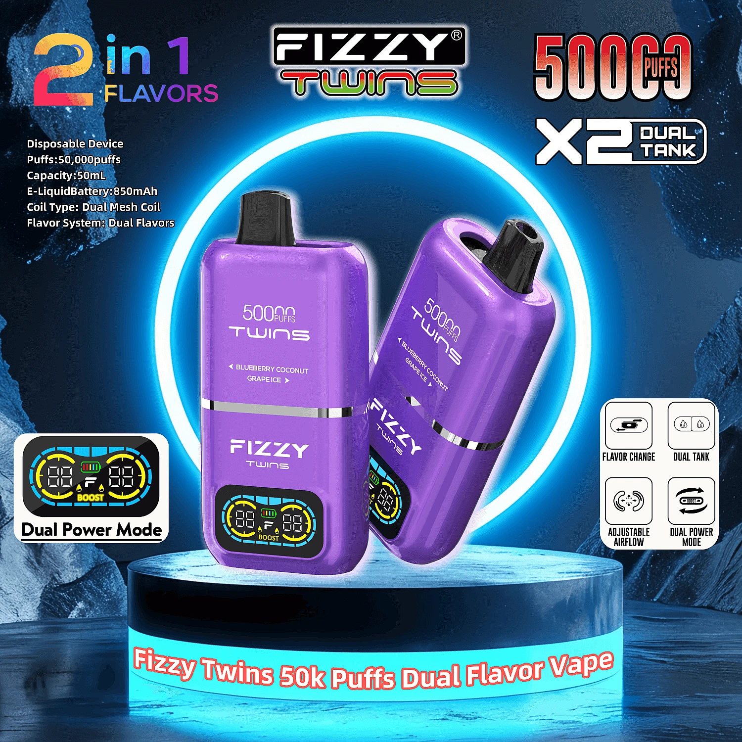 Fizzy Twins 50000 ekran LCD, wyświetlacz e-papierosa, wskaźnik poziomu płynu vape, stan baterii e-papierosa - Fizzy Twins 50000 50 tys. zaciągnięć, podwójne smaki, jednorazowy ...