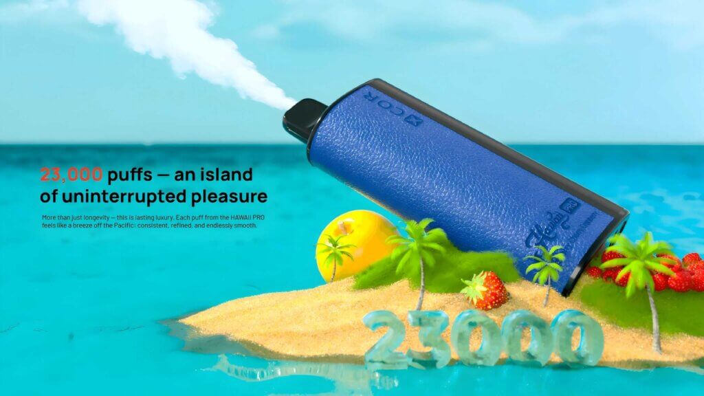 Xcor Hawaii Pro 23000 zdjęcie produktu, vape z tropikalnym tłem, e-papieros premium na zimę, elegancki vape - XCOR Hawaii Pro 23000: Inteligencja i styl w jednym urządzeniu -