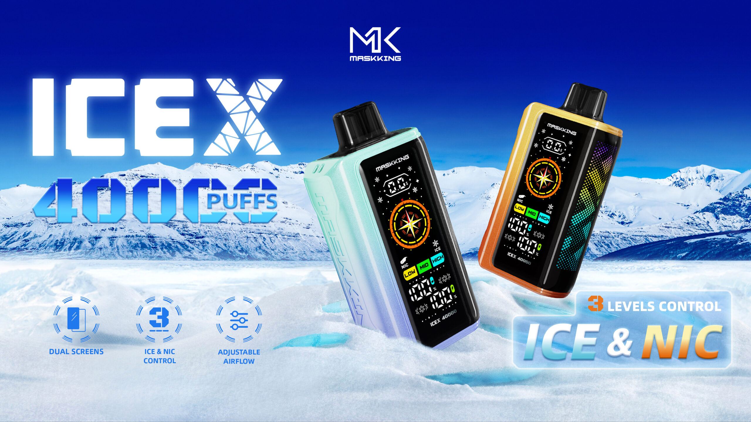 Maskking ICEX 40000 Puffs, e-papieros jednorazowy, ekstremalny lód vape, Blue Razz Ice, arktyczny e-papieros, chłód w smaku - Maskking ICEX 40000 Disposable,3-Levels ICE/NIC Control ...