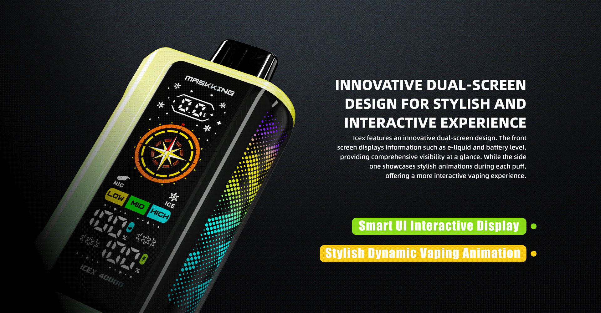 personalizacja vape, tryb Extreme Ice e-papieros, regulacja mocy nikotyny, ustawienia Maskking ICEX - Maskking ICEX 40000 Disposable,3-Levels ICE/NIC Control ...