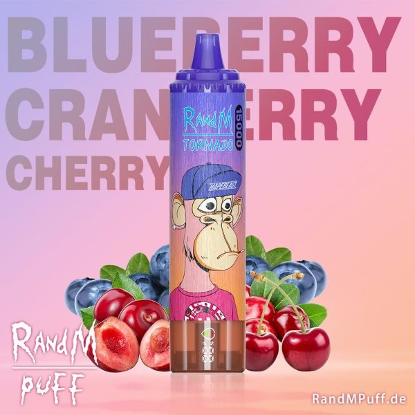 e-papieros smak Blueberry Cherry Cranberry, jagoda żurawina wiśnia, kompozycja smakowa vape, owocowe smaki e-liquidu - RandM Tornado Jednorazowy e-papieros 15000 Buchów o smaku ...