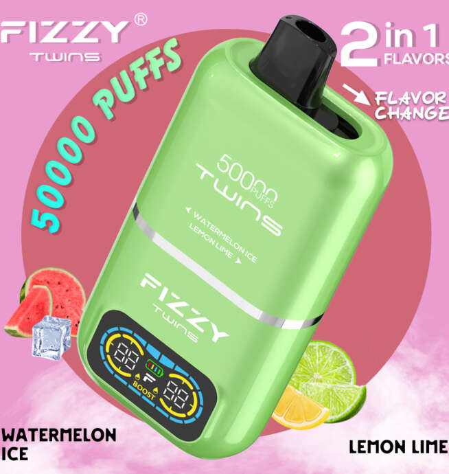 Porównanie pojemności vape, Fizzy Twins 50ml liquidu, 25 jednorazówek obok Fizzy Twins, gigantyczna wydajność e-papierosa, długotrwały vape - Fizzy Twins 50000 Puffs: Dual Smaki, Recenzja i Porównanie