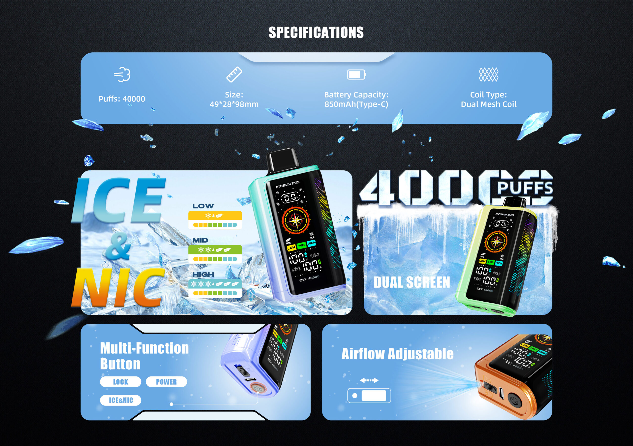 szybka wysyłka vape Polska, dostawa 24h e-papierosy, kurier paczkomat Maskking ICEX, polski magazyn vape, ekspresowa przesyłka - MASKKING ICEX 40000 Puffs Jednorazowy Vape - Vapico Polska