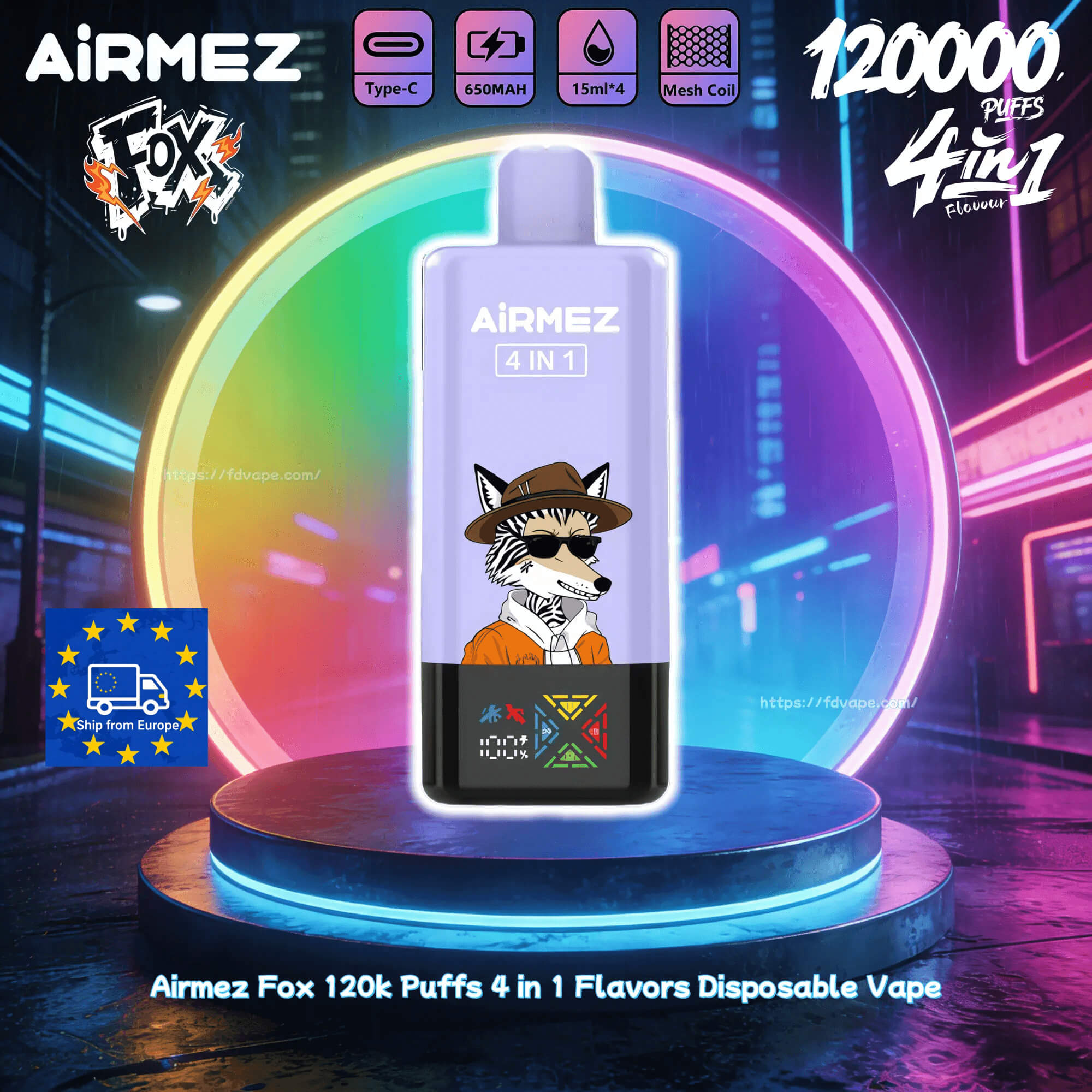 Airmez Fox 120000 Puffs, e-papieros 4w1, innowacyjny system 4-wlotowy, 60ml liquid, urządzenie vape nowej generacji - AiRMEZ Fox 4in1 120K Disposable Vape 60ml 5% (120000 Puffs ...