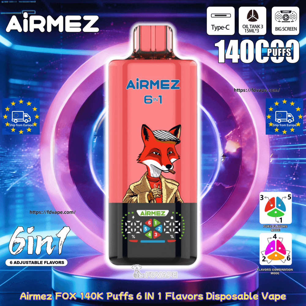 Airmez Fox mechanizm zmiany smaku, obrotowy przełącznik smaków vape, suwak zmiany smaku e-papieros, budowa Airmez Fox, jak przełączać smaki vape - Airmez FOX 140000 140K Puffs 6 w 1 Smaki Jednorazowa ...