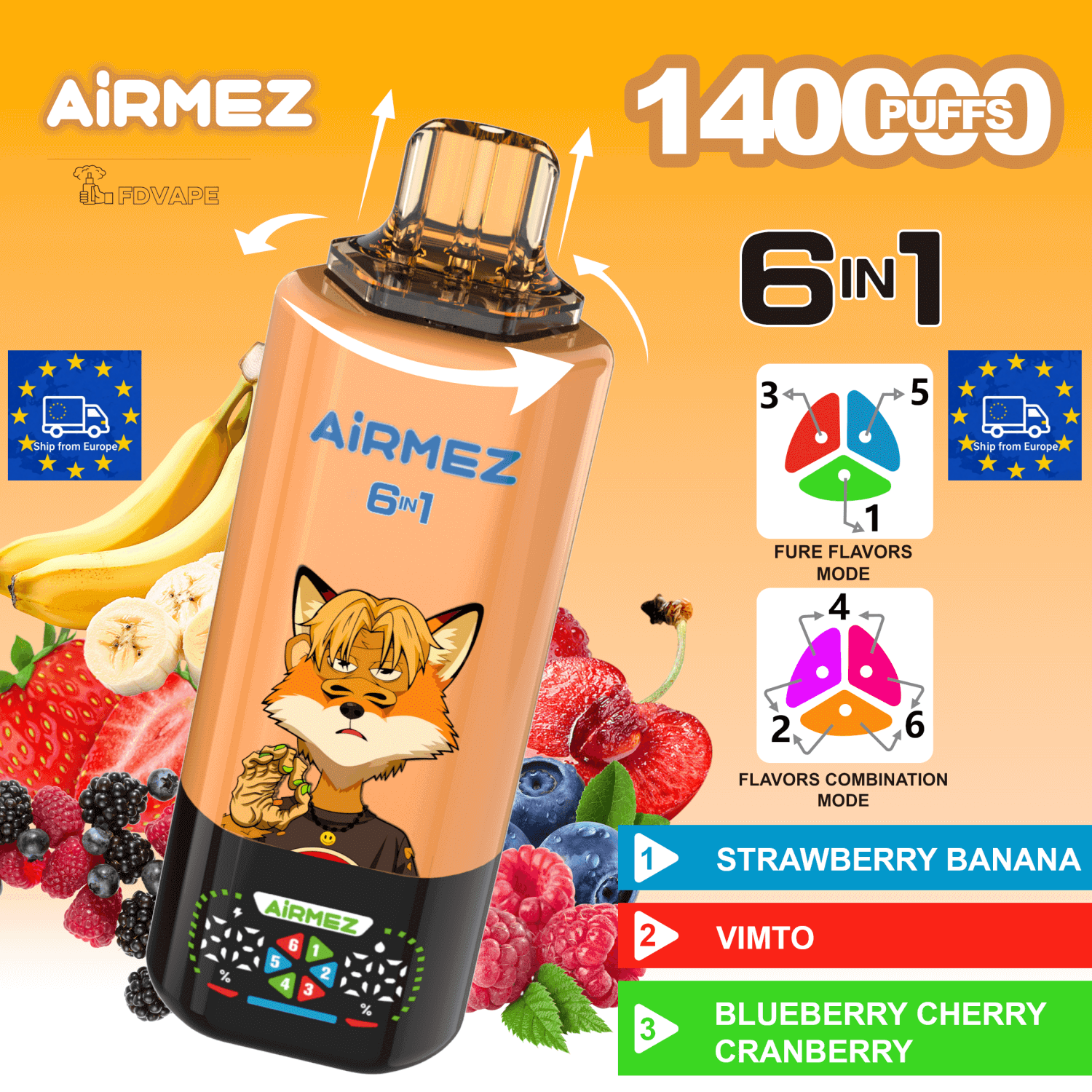 Airmez Fox separacja kanałów powietrznych, czysty smak vape, innowacyjny system przepływu powietrza e-papieros - Airmez Fox 2 w 1 80000 80 tys. Puffów Jednorazowy ...