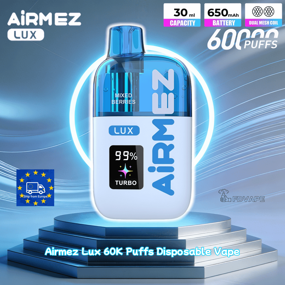 Airmez Lux 60000 Puffs w dłoni, solidny e-papieros jednorazowy, wapowanie w podróży, smak Triple Mango vape - Airmez lux 60000 60k Puffs Jednorazowy widoczny zbiornik ...
