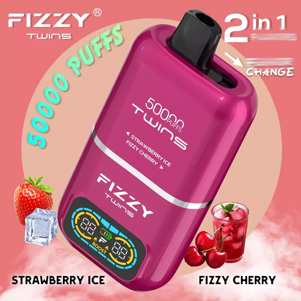 Fizzy Twins 50k e-papieros, Love 66 Strawberry Raspberry Candy, vape premium, e-liquid 50 ml, jednorazówka, gęsty aerozol - Fizzy Twins 50000 Puffs Double Taste Dual Tank 50K ...