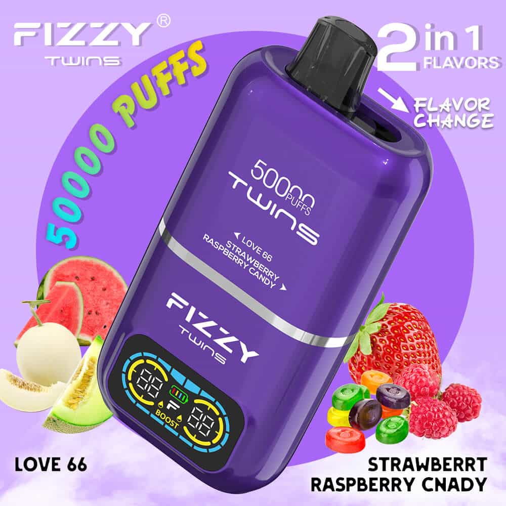 Fizzy Twins 50000 Puffs, e-papieros dwusmakowy, Love 66 Strawberry Raspberry Candy vape - Fizzy Twins 50000 Puffs Disposable Vape Wholesale EU