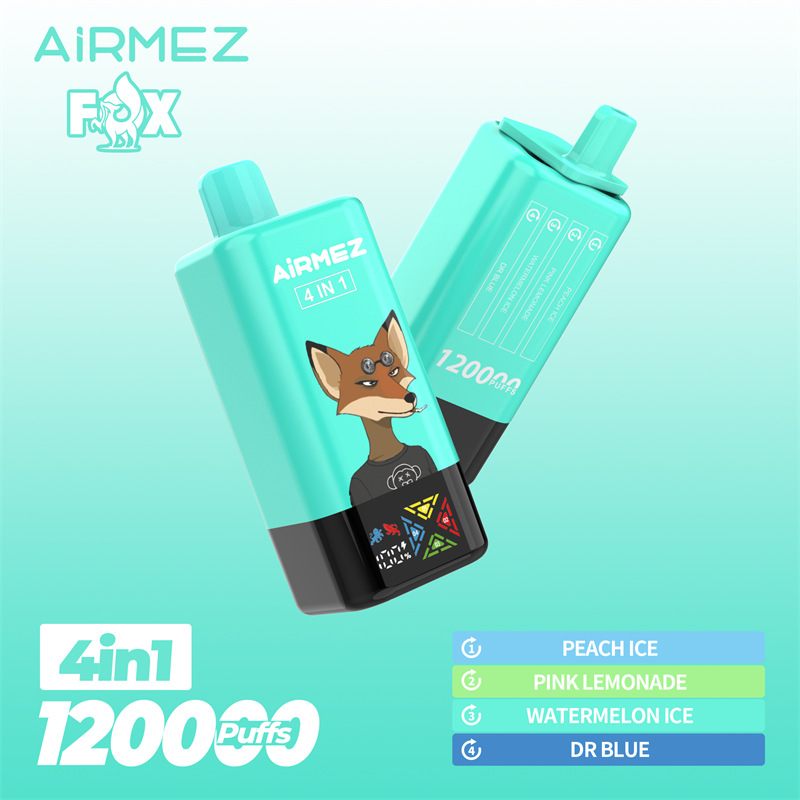 Zdjęcie jednorazowego e-papierosa Airmez Fox 4in1, z widocznym mechanizmem zmiany czterech smaków lub symbolizującym różnorodność aromatów w jednym urządzeniu.