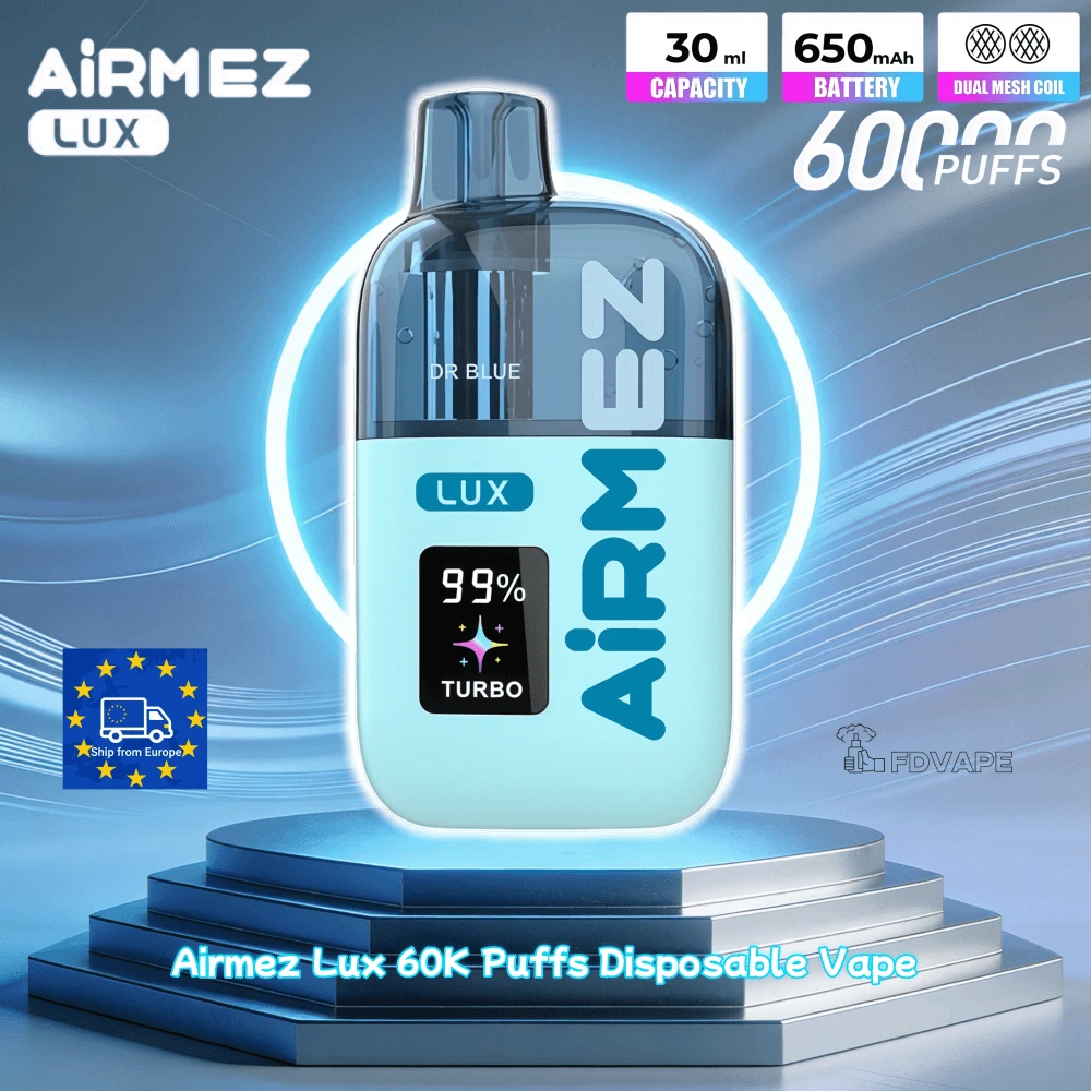 Wizualizacja e-papierosa Airmez Fox 4in1 120000 Puffs, ukazująca jego innowacyjną konstrukcję z czterema niezależnymi komorami na płyn i możliwością przełączania smaków.