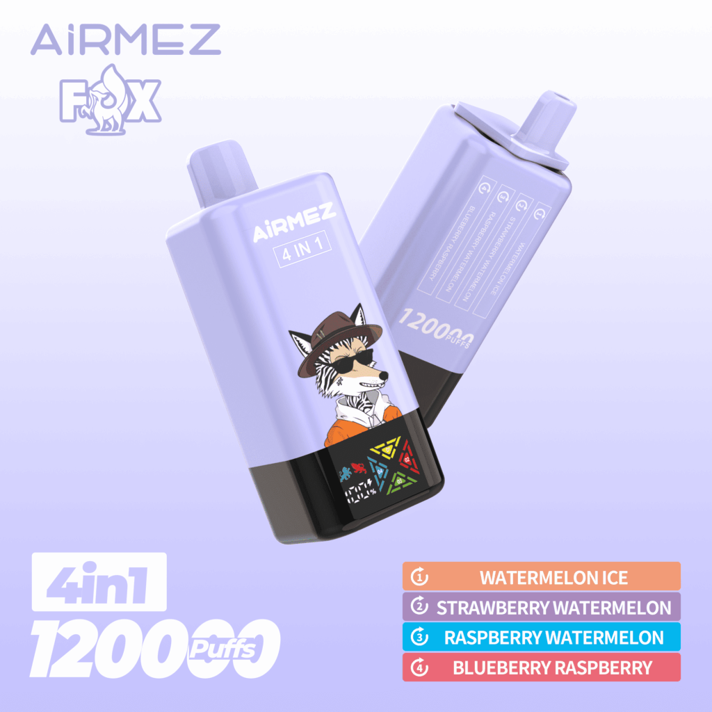Zdjęcie przedstawiające e-papieros Airmez Fox 4in1 120000 Puffs, z widocznym systemem czterech niezależnych komór na płyn i możliwością przełączania smaków, np. Watermelon Ice i Strawberry Kiwi.