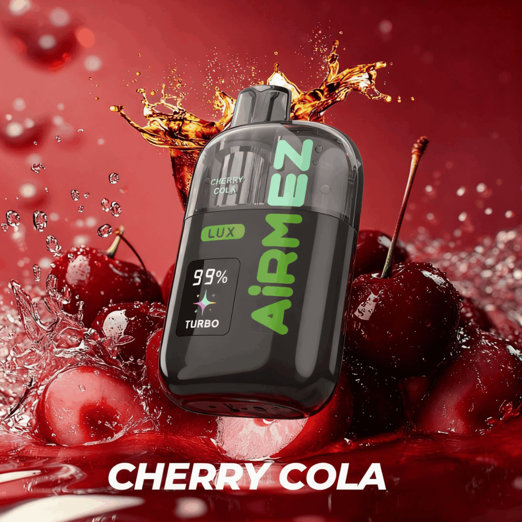 Zestawienie e-papierosów Airmez Lux 60000 w różnych smakach, takich jak Cherry Cola, Watermelon Ice i Triple Mango, z wizualizacją owoców.