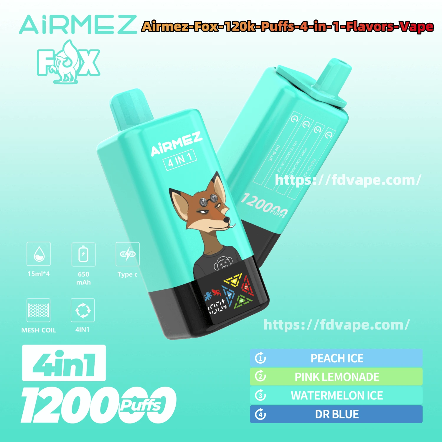 E-papieros Airmez Fox 4in1, z widocznymi czterema zbiornikami lub symbolizujący możliwość zmiany smaku.