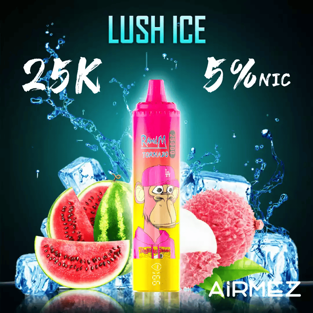 E-papieros jednorazowy Airmez Tornado 25000, z designem nawiązującym do arbuza i cukierków, podkreślający słodki i chłodzący smak Lush Ice.