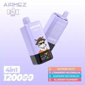 E-papieros Airmez Fox 4in1 120000 Puffs prezentujący mechanizm rotacji czterech smaków w jednym urządzeniu, podkreślający innowacyjność.