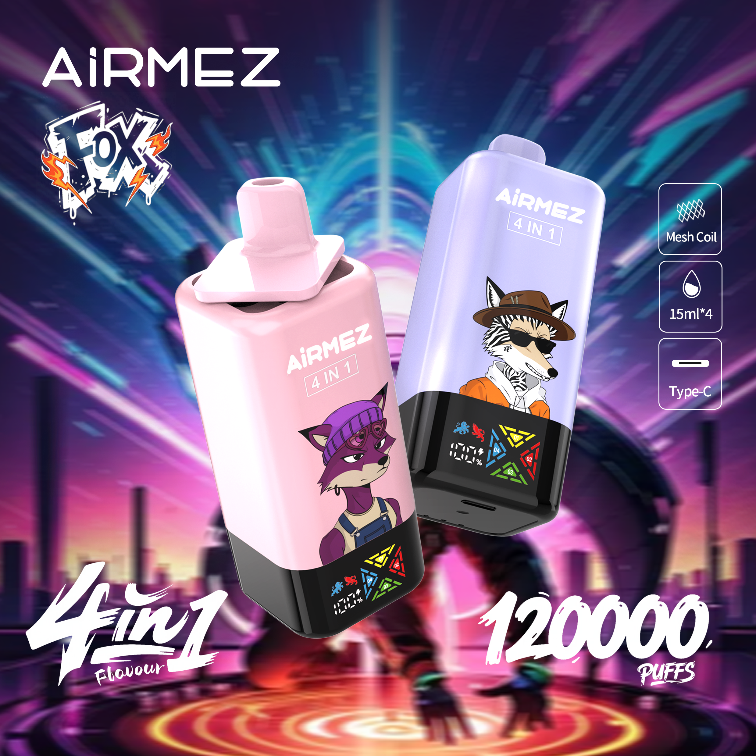 E-papieros Airmez Fox 4in1 pokazujący swój unikalny design z czterema niezależnymi komorami na liquid i mechanizmem obrotowym do zmiany smaków.
