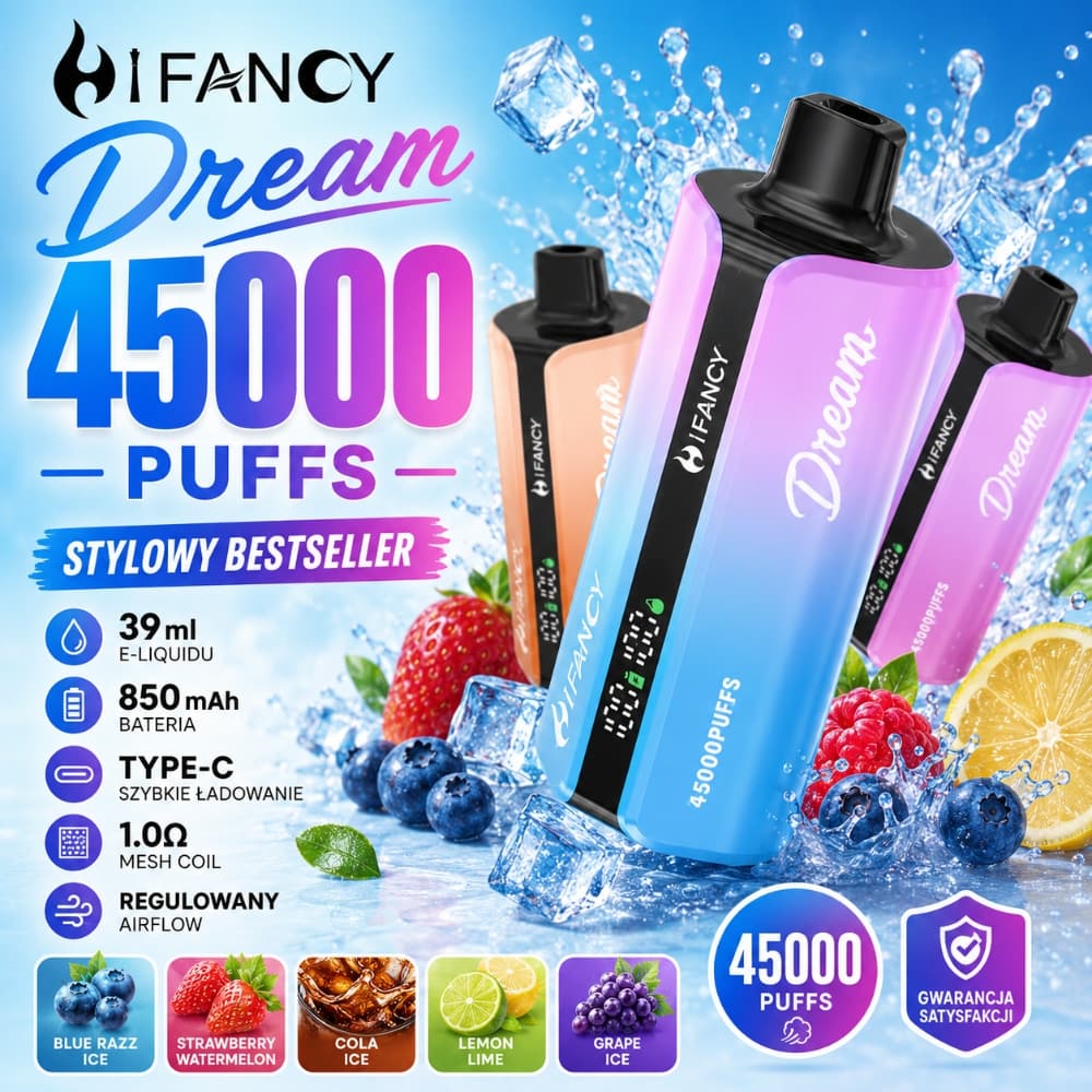 E-papieros Hifancy Dream 45000 Puffs w otoczeniu świeżych, tropikalnych owoców takich jak brzoskwinie, mango i arbuzy, symbolizujących słodkie smaki.